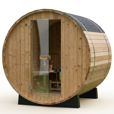 Outdoor Barrel Sauna Designed for 2-3 People, Thermo Finnish Pine, Harvia Electric Heater, Half View Window