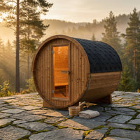 2-Person Luxury Finland Thermo Pine Outdoor Barrel Sauna with Half View Window,Harvia Electric Heater with Sauna Stone, Sauna Accessories Kit and Asphalt Shingle Roof, 4'X6', OBS1812 — Studio Shot