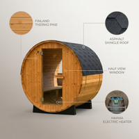 2-Person Luxury Finland Thermo Pine Outdoor Barrel Sauna with Half View Window,Harvia Electric Heater with Sauna Stone, Sauna Accessories Kit and Asphalt Shingle Roof, 4'X6', OBS1812 — infographic