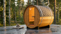 2-Person Luxury Finland Thermo Pine Outdoor Barrel Sauna with Half View Window,Harvia Electric Heater with Sauna Stone, Sauna Accessories Kit and Asphalt Shingle Roof, 4'X6', OBS1812 — Lifestyle