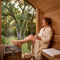 2-Person Luxury Finland Thermo Pine Outdoor Barrel Sauna with Half View Window,Harvia Electric Heater with Sauna Stone, Sauna Accessories Kit and Asphalt Shingle Roof, 4'X6', OBS1812 — Lifestyle