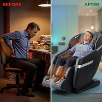 4D Deluxe Gray and Black Zero Gravity and Space Saving Faux Leather Heated Massage Chair with Sl-Track and Bluetooth — Before & After