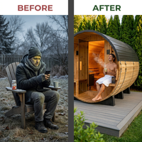 Outdoor Barrel Sauna Built for Year-Round Heat Therapy, 4-6 Person Cedar, 9kW Electric Heater, WiFi Control — Before & After
