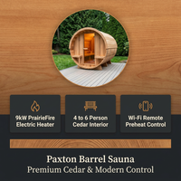 Outdoor Barrel Sauna Built for Year-Round Heat Therapy, 4-6 Person Cedar, 9kW Electric Heater, WiFi Control — Results & Stats