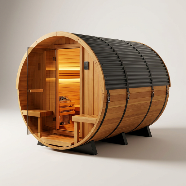 Outdoor Barrel Sauna Built for Year-Round Heat Therapy, 4-6 Person Cedar, 9kW Electric Heater, WiFi Control — Studio Shot