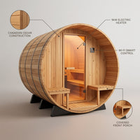Outdoor Barrel Sauna Built for Year-Round Heat Therapy, 4-6 Person Cedar, 9kW Electric Heater, WiFi Control — infographic