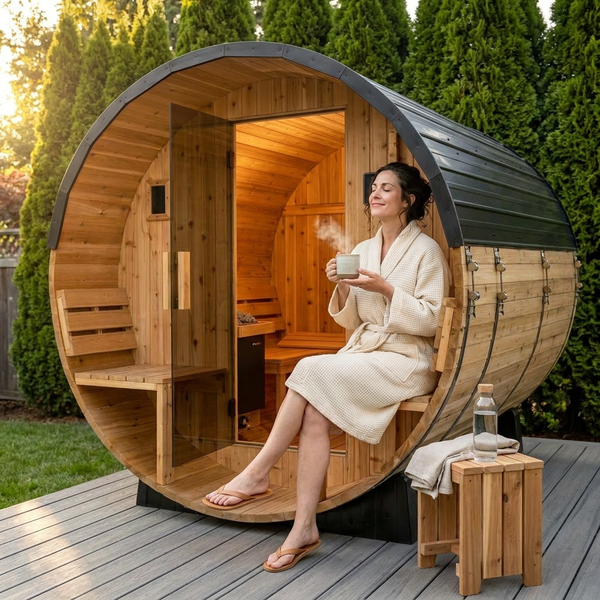 Outdoor Barrel Sauna Built for Year-Round Heat Therapy, 4-6 Person Cedar, 9kW Electric Heater, WiFi Control