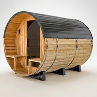 Paxton 4-6 Person Traditional Cedar Outdoor Barrel Sauna with Electric Sauna Heater, Front Porch, Sauna Rocks, Dry Heat, Steam Sauna, LED Lights, Wi-Fi Panel, Sauna Accessories — Studio Shot