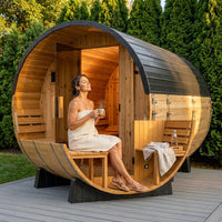Paxton 4-6 Person Traditional Cedar Outdoor Barrel Sauna with Electric Sauna Heater, Front Porch, Sauna Rocks, Dry Heat, Steam Sauna, LED Lights, Wi-Fi Panel, Sauna Accessories — Lifestyle