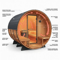Paxton 4-6 Person Traditional Cedar Outdoor Barrel Sauna with Electric Sauna Heater, Front Porch, Sauna Rocks, Dry Heat, Steam Sauna, LED Lights, Wi-Fi Panel, Sauna Accessories — How It Works
